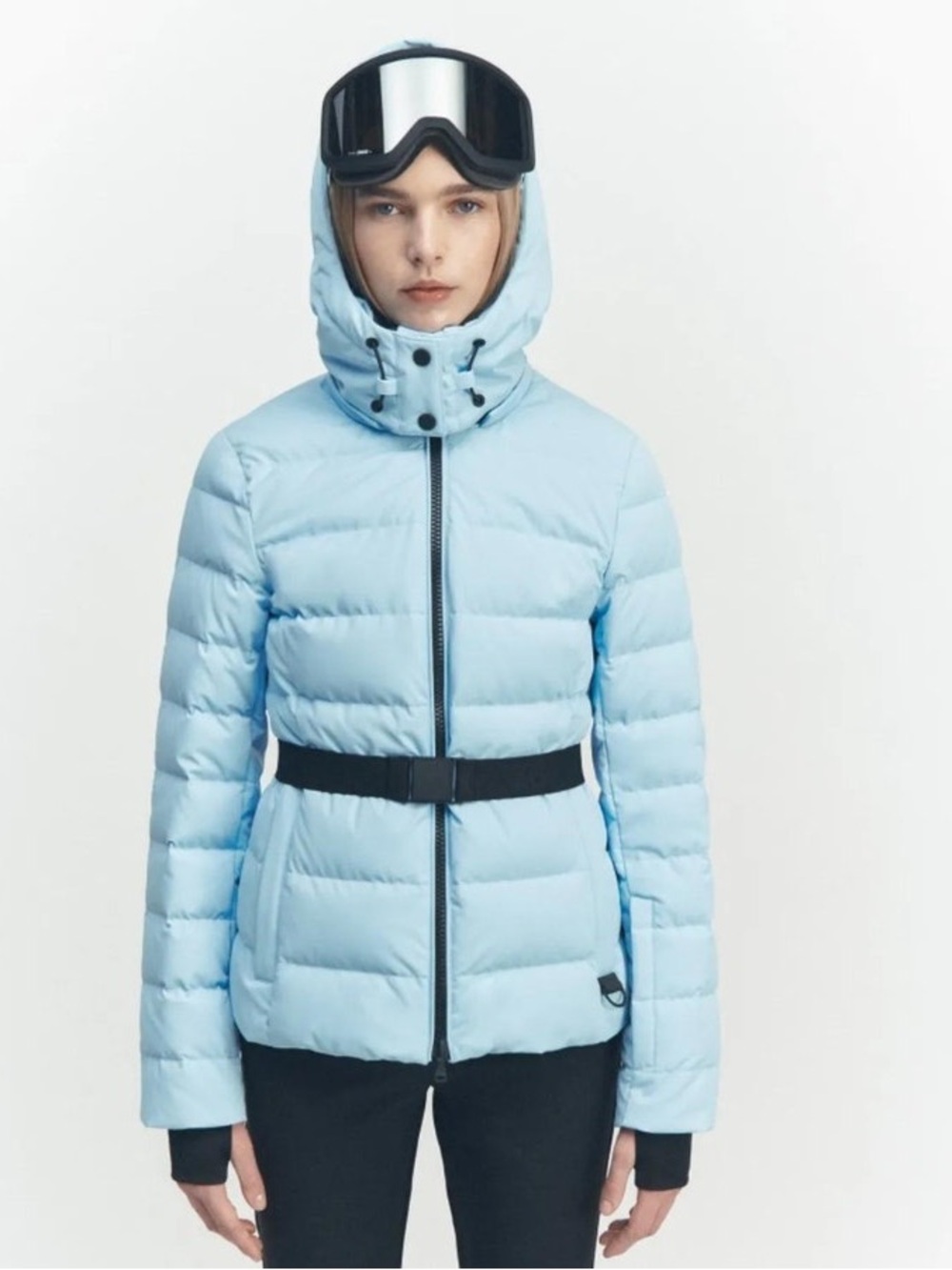 Zara ski collection Light Blue Hooded Puffer Jacket with Black Belt